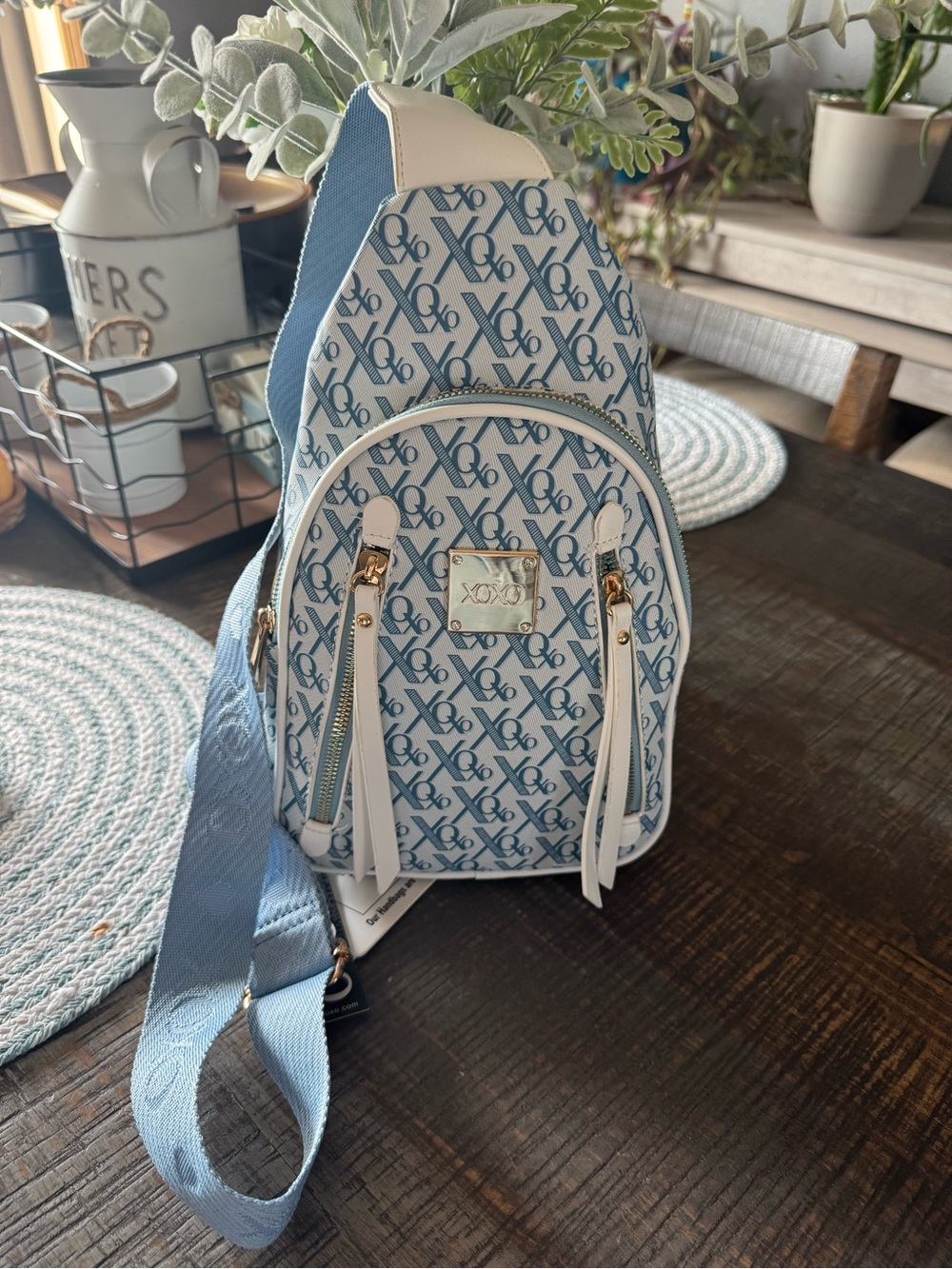 XOXO Blue  Monogrammed Sling Bag with White Trim